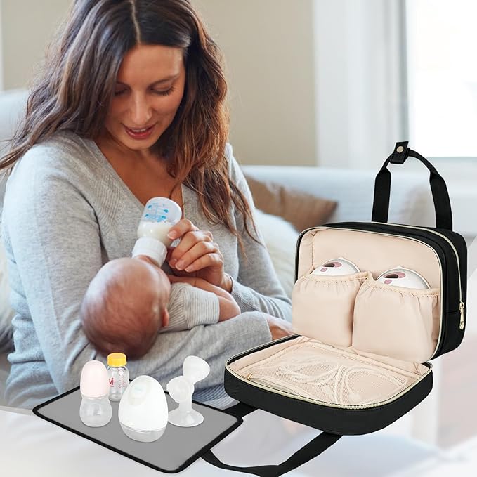 Breastmilk Cooler Travel Bag, Wearable Breast Pump Storage Bag Compatible with Momcozy/Eufy/Elvie/Willow/Medela Breast Pump with Ice Pack and Waterproof Mat,Black