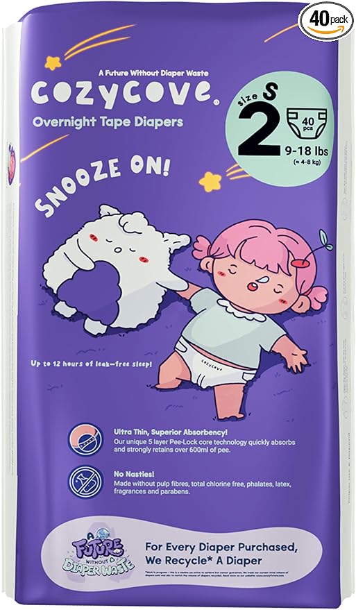 Cozycove Size 2 S (9-18 lbs) Diapers, 40 Count, Totally Chlorine Free, Skin-Friendly Material | Snooze On Slim Overnight Tape Disposable Diapers | 1 Bag of 40