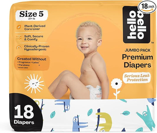 Hello Bello Premium Baby Diapers Size 5, 18 Count of Disposable, Extra-Absorbent, Hypoallergenic Baby Diapers with Snug and Comfort Fit, Sleepy Sloth