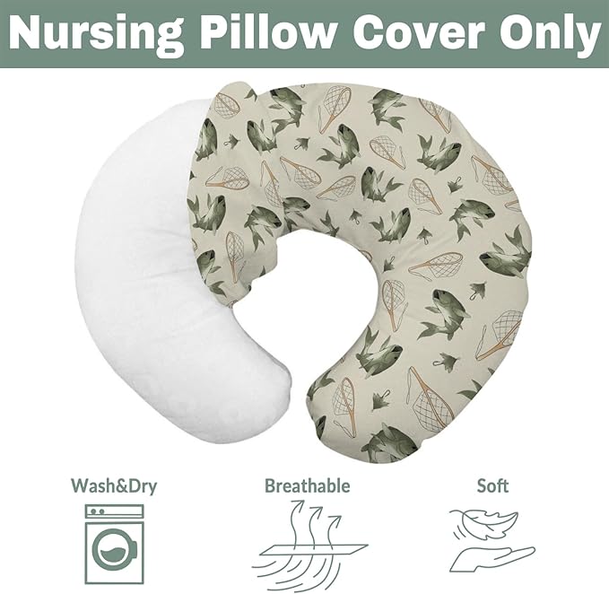 Gone Fishing Baby Nursing Pillow Covers for Boy Girl Vintage Bass Fishes Net Lake Nursery Pillowcase for Breastfeeding Pillows Fishing Lovers Gift Soft Stretchy Slipcovers for Newborn Infant