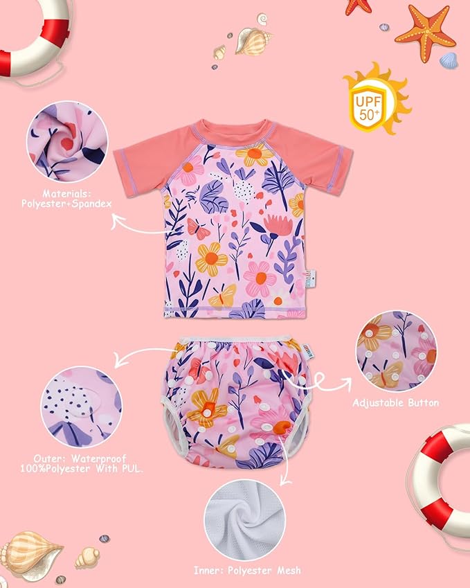 ALVABABY Baby Girl Swimsuit, 2-Piece Infant Toddler Bathing Short Sleeve Swimwear, Large Baby Reusable Swim Diaper with Matching Top