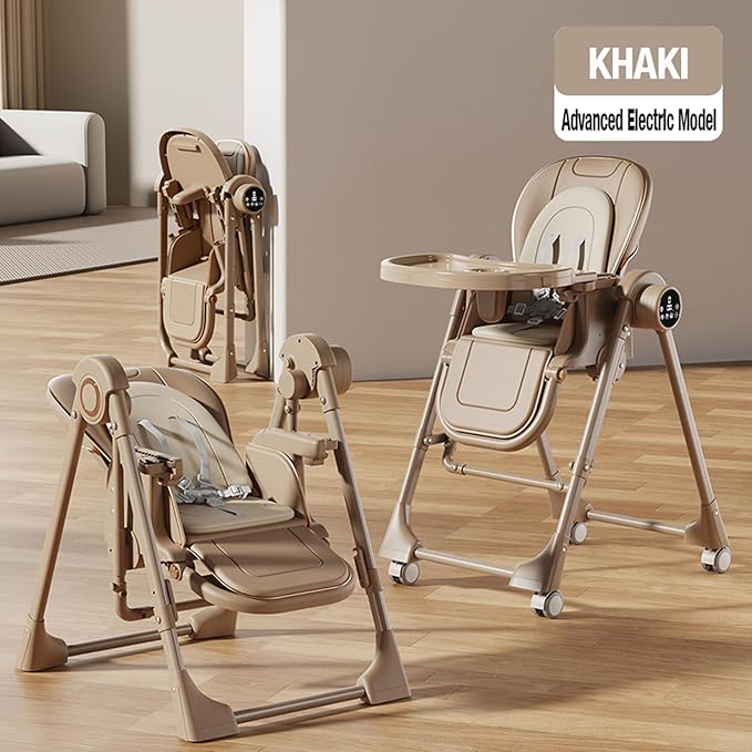 Nine point nine Electric Bluetooth Smart PU Leather High Chair with Swinging Function, Baby High Chairs for Babies and Toddlers, Baby Feeding Chairs Seat, Double Tray, Removable Wheels (E8121 Khaki)