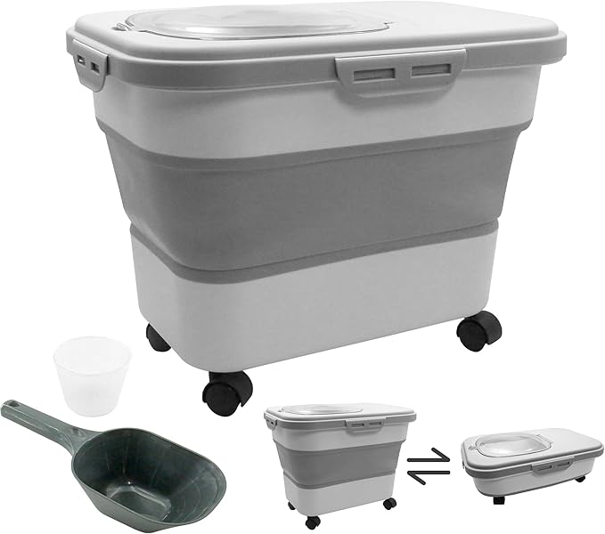 20-30 Lbs Rice and Pet Food Storage Container - Collapsible Airtight Food Storage with Rolling Wheel & Locking Lid, Flour Container with Cup & Scoop for Rice, Flour, Pet Food (Grey)