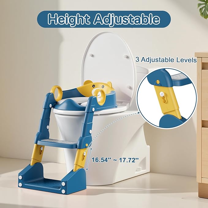 Potty Training Seat,Toddler Toilet Seat for Boys Girls,3-in-1 Potty Training Toilet and Chair with Step Stool Ladder,Anti-Slip Height Adjustable Foldable Splash Guard for Kids (Blue Yellow)