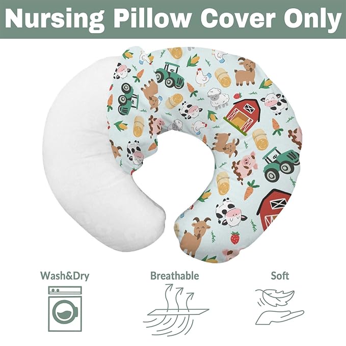 Colorful Farm Animals Baby Nursing Pillow Covers for Boy Girl Pig Cow Goat Chick Barn Tractor Nursery Feeding Pillowcase for Breastfeeding Pillows Farm Life Soft Stretchy Slipcovers for Newborn Infant