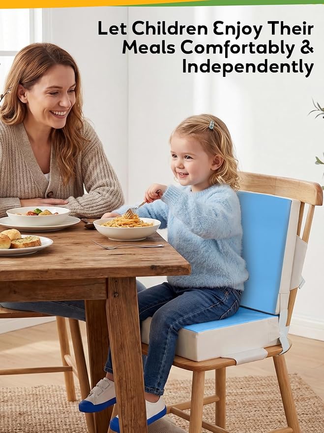 Toddler Booster Seat for Dining Table, Slip Bottom Double Safety Straps, Stronger Support Booster Seat Dining Toddler, Breathable Fabric Booster Seat for Table (Blue)