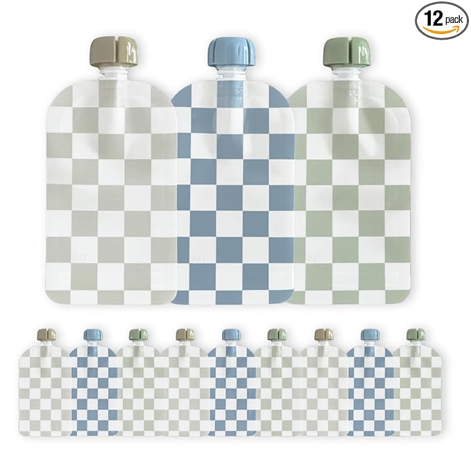 Hippypotamus Reusable Baby Food Pouches for Toddlers - BPA Free Food Grade - Dishwasher & Freezer Safe - Baby Food Containers - Refillable Squeeze Pouch For Applesauce & Yogurt - 12 Pack (Checkered)