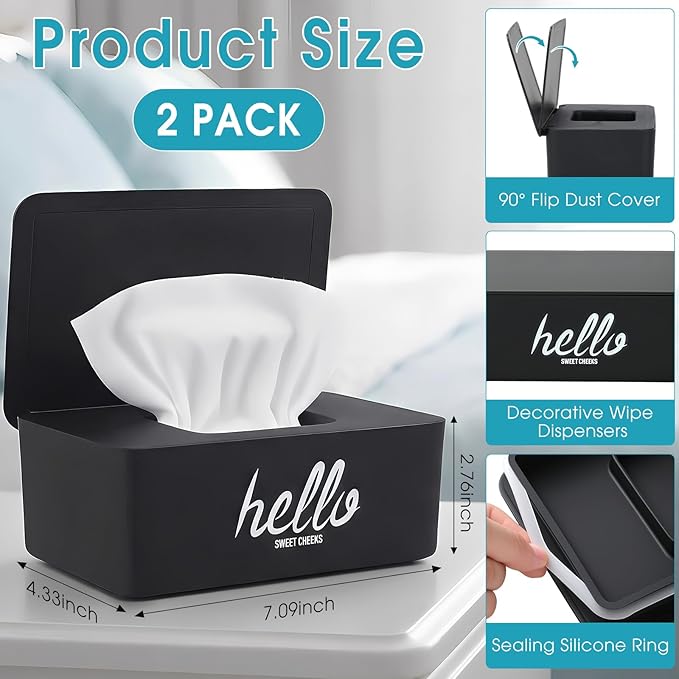 Hushee 2 Pack Wipe Dispenser Wipes Holder for Baby Adult Decorative Wipe Containers for Bathroom Home Office Cars(Black, White)