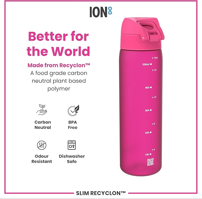 Ion8 Water Bottle, 500 ml/18 oz, Leak Proof, Easy to Open, Secure Lock, Dishwasher Safe, BPA Free, Hygienic Flip Cover, Carry Handle, Fits Cup Holders, Easy Clean, Odor Free, Carbon Neutral, Hot Pink