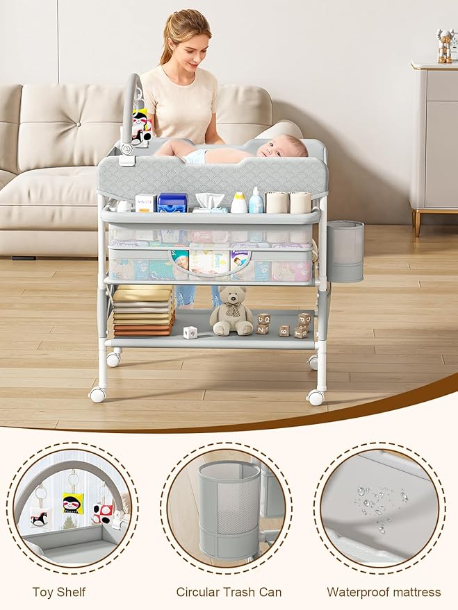 Baby Changing Table with Drawers, Waterproof Versatile Folding Diaper Changing Station with Storage, Adjustable Height, Portable Diaper Chang ing Station, Mobile Nursery for Infant and Newborn