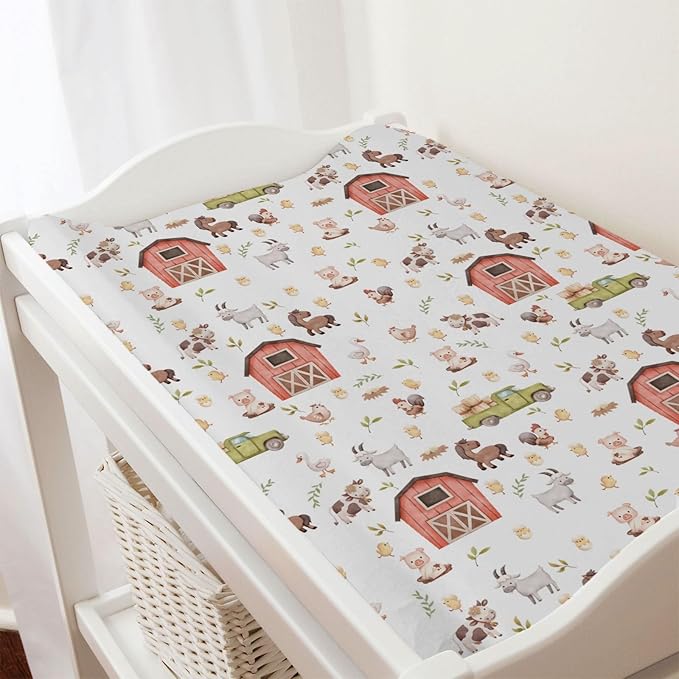 Baby Farm Life Changing Pad Cover for Boy Girl 32''x16'' Farm Animals Pig Goat Horse Cow Chick Rooster Duck Leaves Barn Truck Fitted Changing Pad Sheets Soft Breathable Diaper Change Table Mats