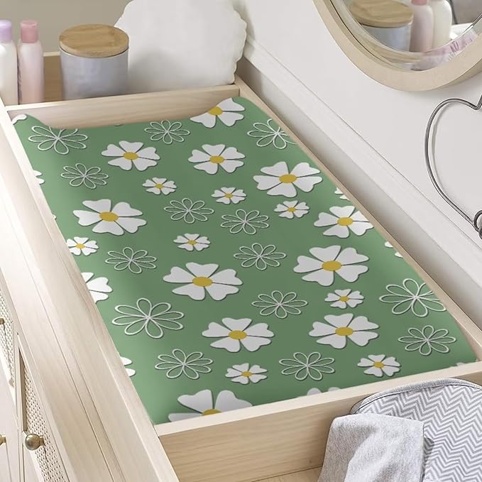 Stretchy Diaper Changing Table Cover, Snug and Soft Change Table Pad Covers Fit 16 * 32 Inches, Daisy Green