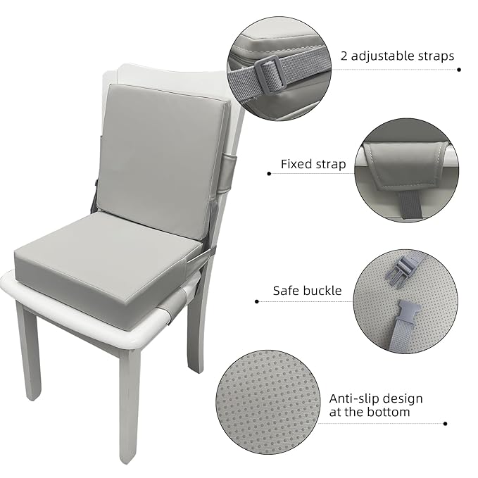 Eiury Booster Seat for Dining Table, PU Anti-Scratch Easy Cleaning Kids Toddler Booster Seat for Table, Portable Travel Increasing Cushion for Chair - Light Grey