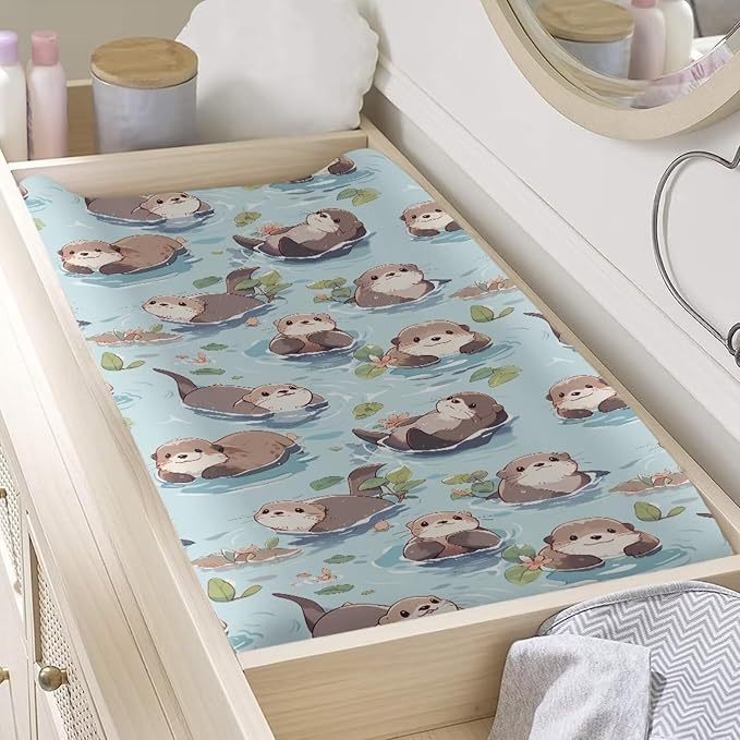 Cartoon Otters Baby Diaper Changing Table Sheets Jersey Knit Breathable Changing Table Pad Cover for Infants Toddles 16 * 32 Inches