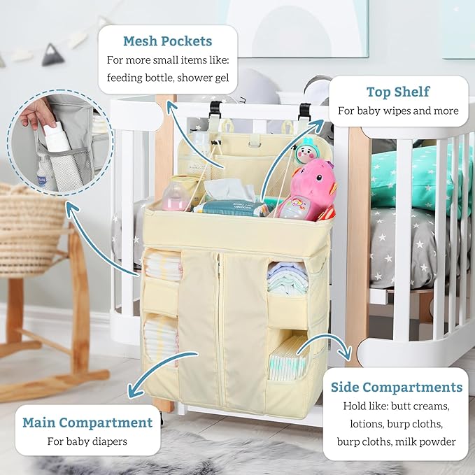 Hautton Hanging Diaper Caddy Organizer, Hanging Diaper Organizer for Changing Table and Crib, Diaper Changing Station Organizer Storage for Nursery Baby Stuff, Shower Gift for Newborn New Mom -Beige