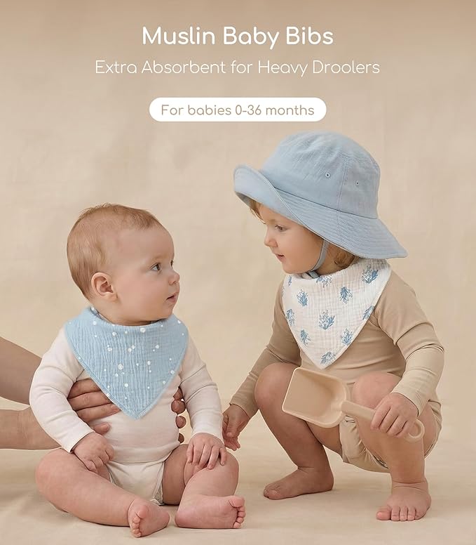 Muslin Baby Bibs 8 Pack, Baby Bandana Drool Bib for Drooling and Teething, Cotton Soft Absorbent for Girls Boys (Blue Ocean Whale)