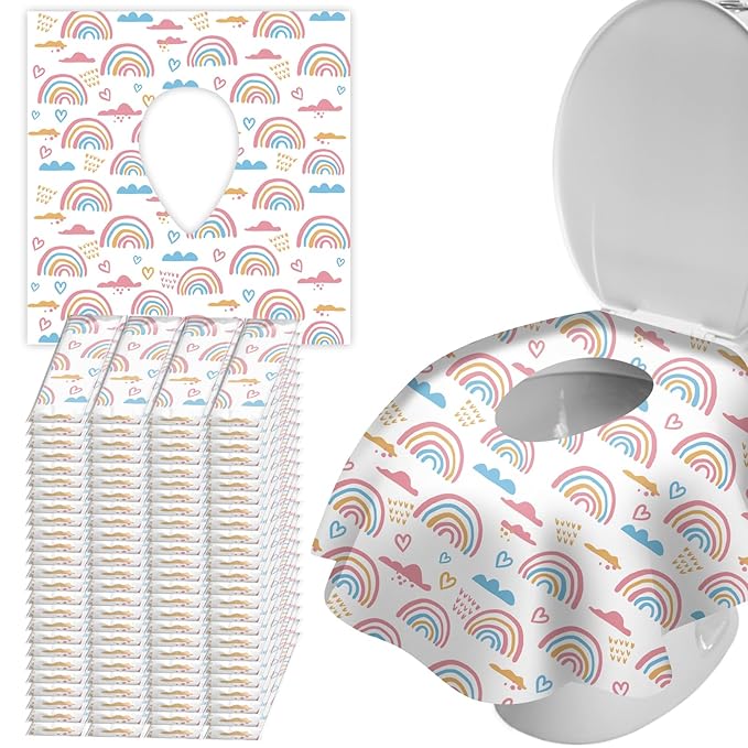 100 Pack Toilet Seat Covers Disposable, Extra Large No-Slip Waterproof for Toddler Potty Training, Individually Wrapped Portable Travel Essentials for Adults Kids Use in Public Restrooms-Rainbow