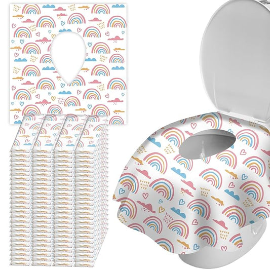 100 Pack Toilet Seat Covers Disposable, Extra Large No-Slip Waterproof for Toddler Potty Training, Individually Wrapped Portable Travel Essentials for Adults Kids Use in Public Restrooms-Rainbow