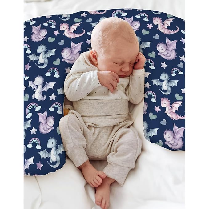 Fairytale Dragon Love Stars Baby Nursing Pillow Covers for Boy Girl Baby Dragons Purple Nursery Feeding Pillowcase for Breastfeeding Pillows Fantasy Animal Soft Stretchy Slipcover for Newborn Infant
