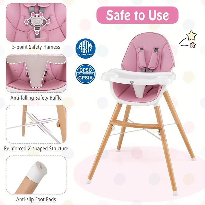 BABY JOY Baby High Chair, Wooden High Chair for Babies & Toddlers with Dishwasher Safe Double Removable Tray, Infant Feeding Chair with 5-Point Safety Harness & Detachable PU Seat Cushion (Pink)