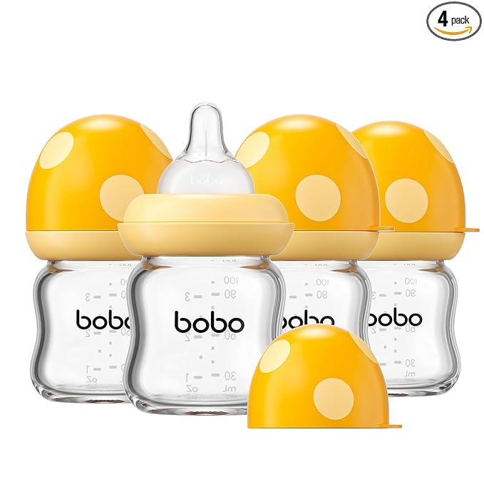 YOHKOH Natural Glass Baby Bottle with Level 1 Slow Flow Nipple, Newborn Anti-Colic Baby Bottles, Wide Neck Mushroom Baby Glass Bottle (Yellow-A, 3.4oz (Pack of 4))