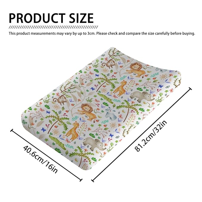 Safari Jungle Animals Trees Changing Pad Cover Lion Elephant Giraffe Monkey Hippo Sun Leaves Baby Diaper Change Table Sheets for Boy Girl Soft Breathable Stretch Fitted Changing Table Mats 32''x16''