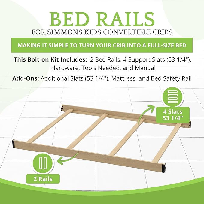 Full-Size Conversion Kit Bed Rails Compatible with Simmons Kids Convertible Cribs by Delta Children - Solid Wood - Toddler and Adult Bed Rail for Full-Size - Baby Furniture (Unfinished, BOLT-ON KIT)