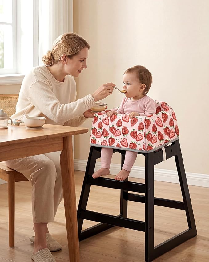 Mamatepe Baby High Chair Cover Restaurant with Strap Pads & 2-Point Harness - Machine Washable, Waterproof, Portable for Restaurant/Travel/Home - Fits High Chairs, Red Strawberry