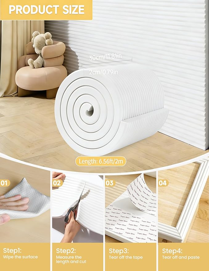11.8''W Extra-Wide Edge Protector, 6.56FT 0.79''Th Baby Proofing Corner Guards, Safety Furniture Bumper, Pre-Taped, Thick Soft Rubber Foam Padding for Fireplace Table Stair Cabinet (White Gray)