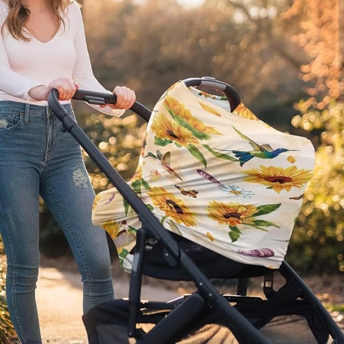 Coldinair Hummingbird Car Seat Cover for Babies Girls Sunflower Nursing Cover,Soft Stretchy Infant Carseat Canopy,Shopping Cart/High Chair/Stroller Covers