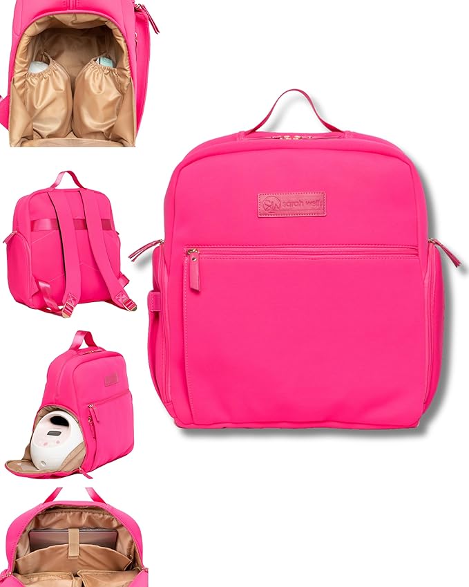 Fiona Breast Pump Backpack – Machine Washable Neoprene Pump Bag with Insulated Milk Storage, Laptop Pocket & Adjustable Straps – Stylish Breastfeeding Backpack for Work & Travel (Hot Pink)