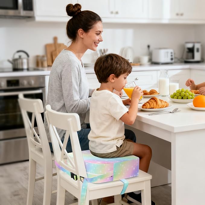 Toddler Booster Seat for Dining Table Kitchen Chair, Kids Booster Seat with Non-Slip Bottom and Adjustable Straps, 4" Detachable Washable Portable Travel Increasing Cushion (Rainbow)