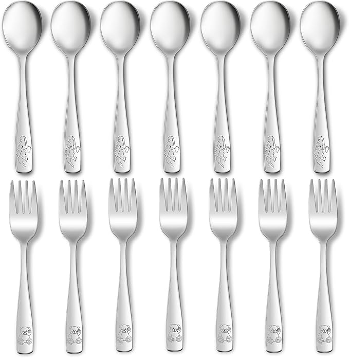 14-Piece Toddler Flatware, Kids Utensils Stainless Steel Cutlery Set, Children Safe Spoons and Forks with Ergonomic Handle, Easy to use and Dishwasher Safe (Crocodile and Bear)
