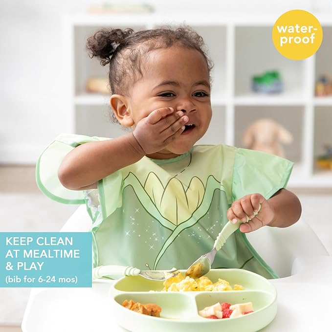 Bumkins Disney Ruffle Apron Bib and 3-pack Snack Bags, Waterproof Fabric, Tiana