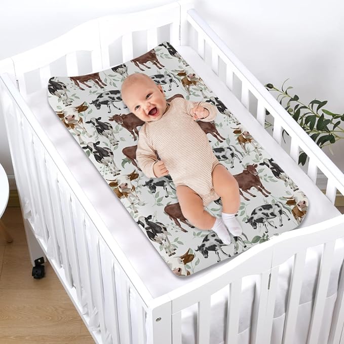 Farm Cows Boho Leaves Changing Pad Cover Watercolor Cows Green Leaves Baby Diaper Changing Pad Cover for Boys Girls Soft Breathable Stretch Fitted Baby Changing Pad Covers 32''x16''
