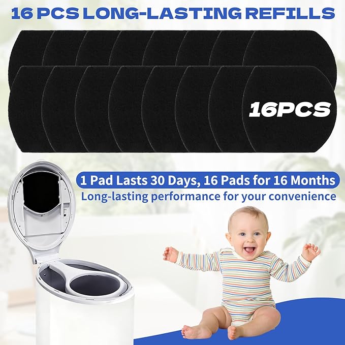 16 PCS Diaper Pail Deodorizer Refills for Ubbi Diaper Pail, Activated Charcoal Odor Absorbing Filters, Strong Odor Eliminating, Precise fit, Keep Nursery Fresh Long-Lasting