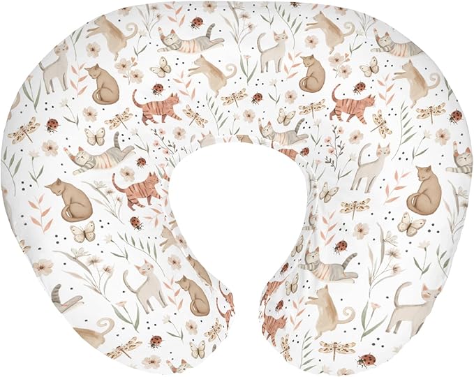 Cute Cat Boho Floral Leaves Baby Nursing Pillow Covers for Boy Girl Kittens Meadow Butterflies Nursery Pillowcase for Breastfeeding Pillows Cats Lover Gift Soft Stretchy Slipcovers for Newborn Infant