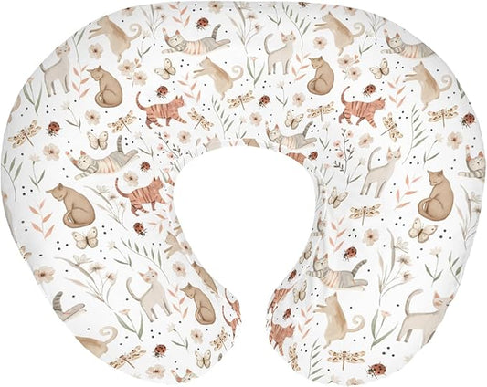 Cute Cat Boho Floral Leaves Baby Nursing Pillow Covers for Boy Girl Kittens Meadow Butterflies Nursery Pillowcase for Breastfeeding Pillows Cats Lover Gift Soft Stretchy Slipcovers for Newborn Infant