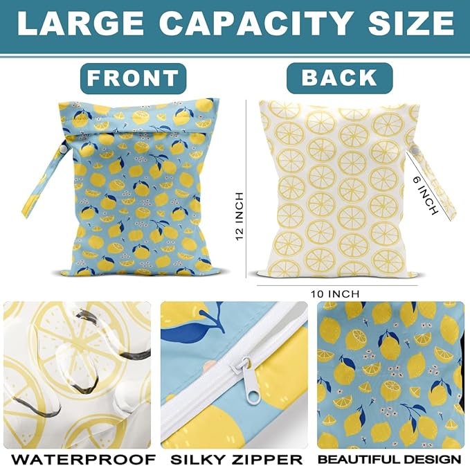 ZHAMEN 2Pcs Wet Bag, Wet Dry Bag Reusable with Zipper, Travel, Beach, Pool, Diapers, Baby Clothes, Dirty Yoga Gym Clothes, Makeup Bag, Waterproof Wetdry Packing, Summer Lemon Decor (12x10 Inch)