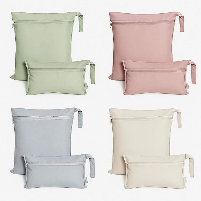 Reginary 8 Pack Wet Dry Bags Large & Small Waterproof Reusable Travel Zipper Pouches for Baby Diapers Family Wet Clothes Beach Swimsuits Toiletries(2 Sizes,Solid Color,Morandi)