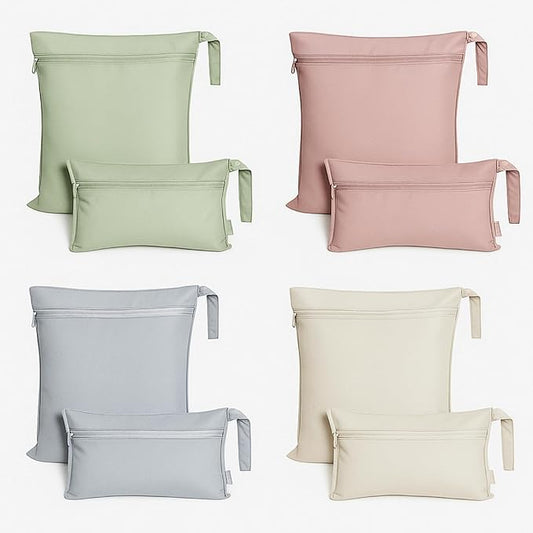 Reginary 8 Pack Wet Dry Bags Large & Small Waterproof Reusable Travel Zipper Pouches for Baby Diapers Family Wet Clothes Beach Swimsuits Toiletries(2 Sizes,Solid Color,Morandi)