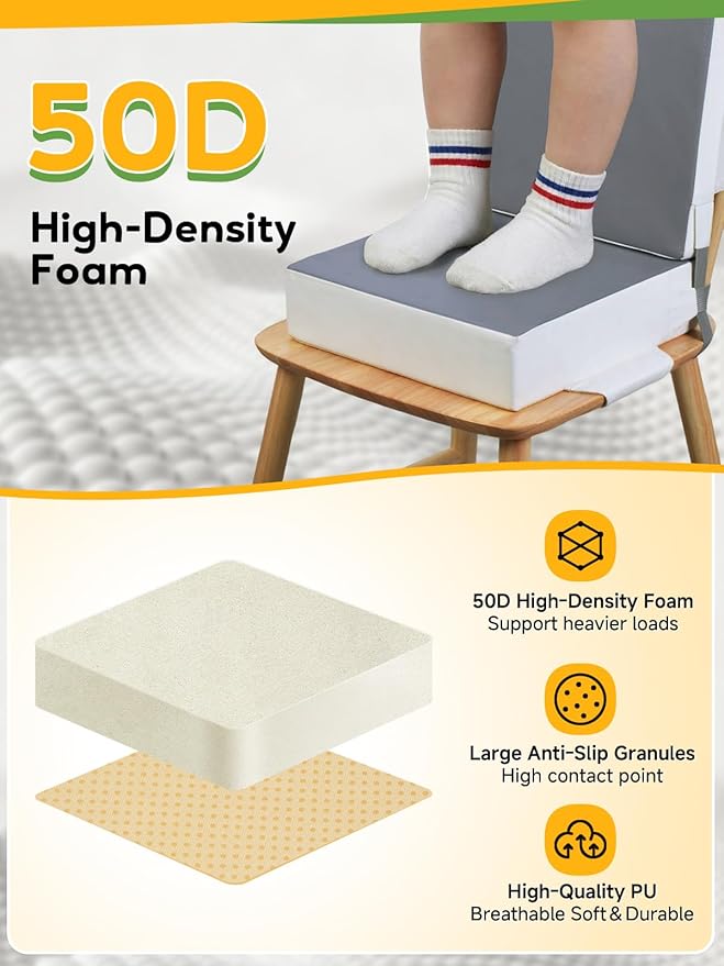 Booster Seat for Kitchen Chair - Toddler Booster Seat for Dining Table - PU Washable Double-Safety Straps with Buckle, Kids Portable Outdoor Booster Seat (Grey)