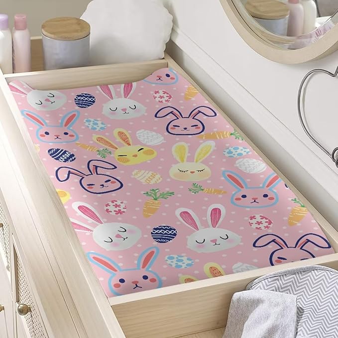 Rabbit Diaper Changing Pad Cover Easter Decor Pink 32''*16'' Baby Changing Pad Cover Breathbale Soft Changing Pad -Cover Home Decoration