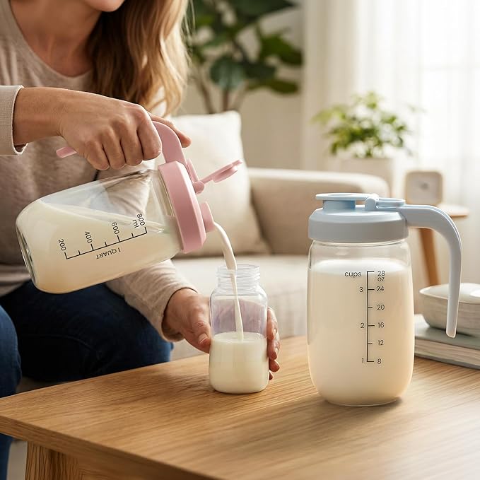 2 Pack Breast Milk Pitcher 32 OZ, Heat & Cold Resistant, Sudden Temperature Safe, Fast Baby Formula Maker with Wide Mouth, No Leak Glass Fridge Storage Container for Juice, Cold Brew-Blue, Pink