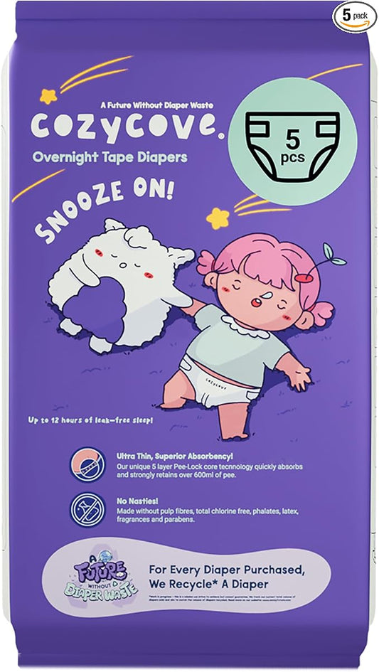 Cozycove Newborn (6-11 lbs) Diapers | Totally Chlorine Free, Fragrance Free | Wetness Indicator | Snooze On Slim Overnight Tape Diapers | 5 Count Travel Pack