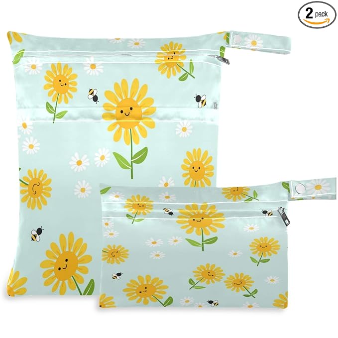 visesunny Sunflower Bee Daisy Green Leaf 2Pcs Wet Bag with Zippered Pockets Washable Reusable Roomy for Travel,Beach,Pool,Daycare,Stroller,Diapers,Dirty Gym Clothes, Wet Swimsuits, Toiletries