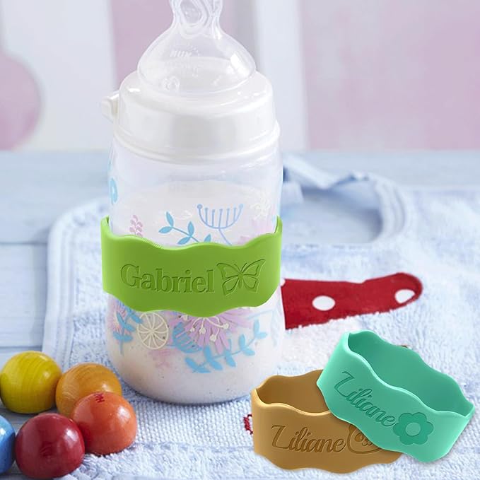 Personalized Baby Bottle Labels for Daycare Custom Silicone Water Bottle Bands Engraved Customized Reusable Name Straps for Kids Girl Boy Baby Shower Gifts Coral Red