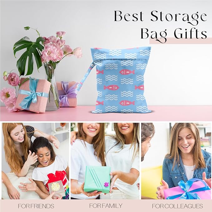 Wet Bag, Wet Dry Bag, Waterproof Swim Bags, Machine Washable Reusable Bags for Beach, Pool, Diapers, and Dirty Yoga Gym Clothes(Pink Fish & Wave Pattern