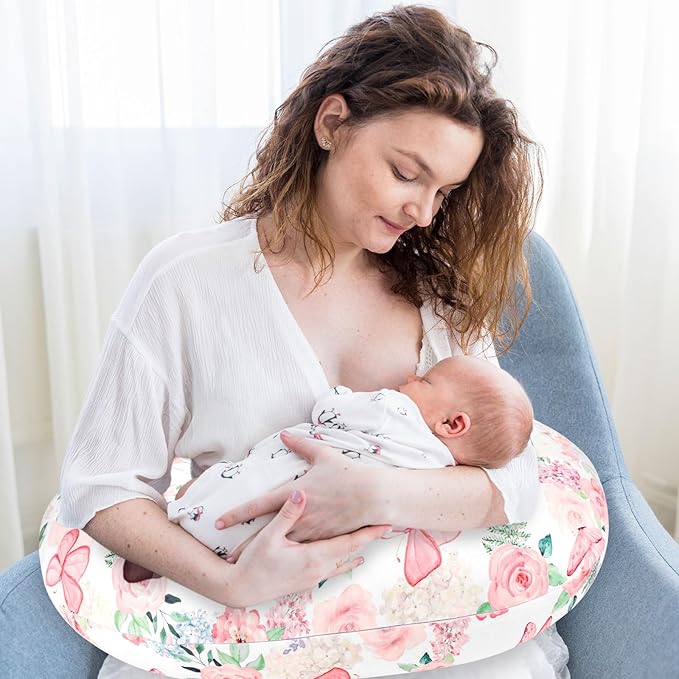 2 Pack Nursing Pillow Covers, Stretchy Removable Breastfeeding Pillow Covers for Baby Girl Newborn, Super Soft Fabric, Only Covers (Pink & Floral)