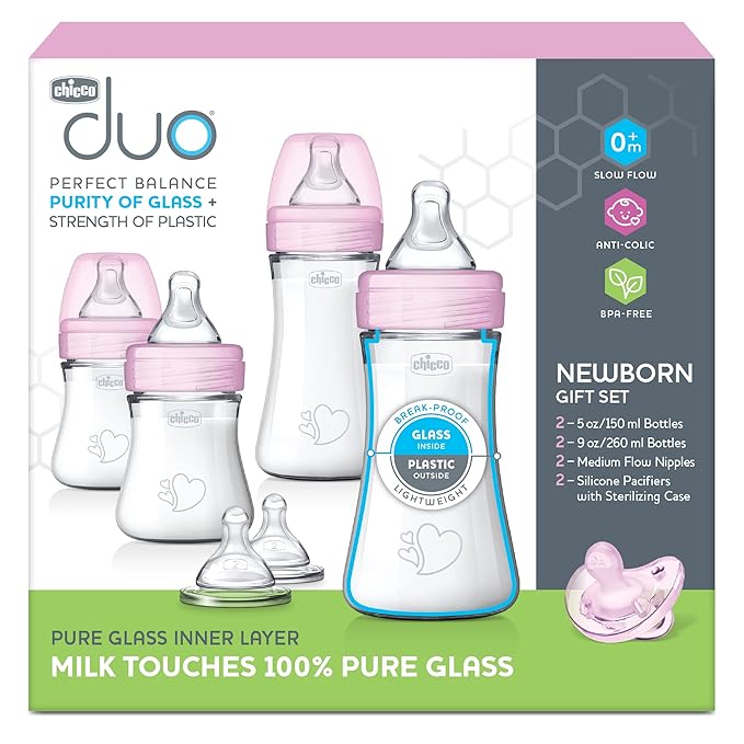 Chicco Duo Hybrid Baby Bottle Newborn Starter Giftset, Real Glass Inside, Lightweight Plastic Outside, Patented Invinci-Glass Technology, Intui-Latch Nipple, Clear/Pink